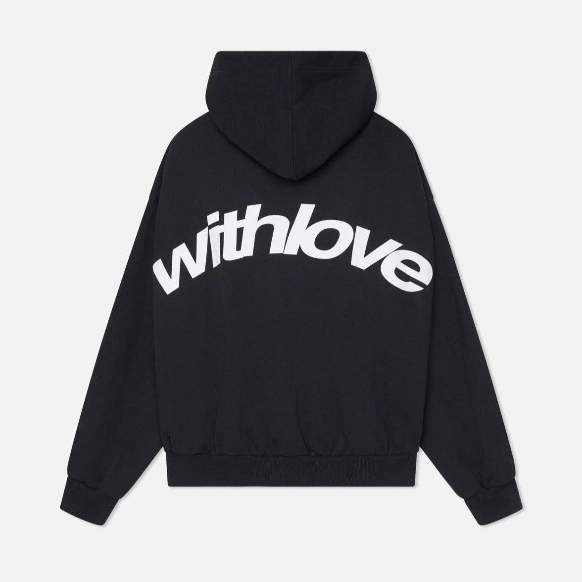 Driftly black oversized love print pullover hoodie on model, back
