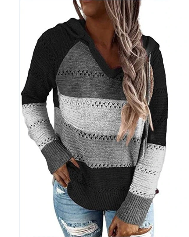 Black striped colour-block knit hoodie on model