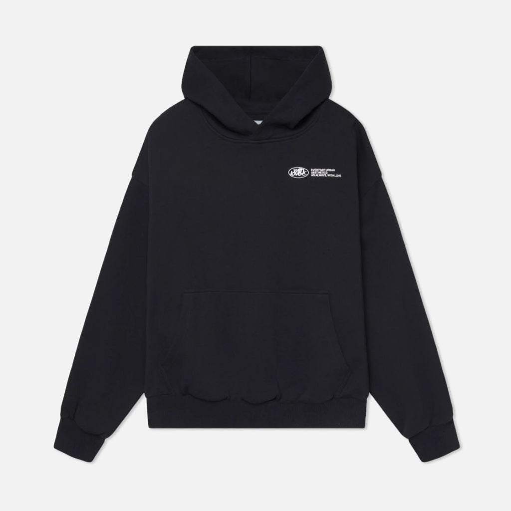 Driftly black oversized love print pullover hoodie, flat lay front