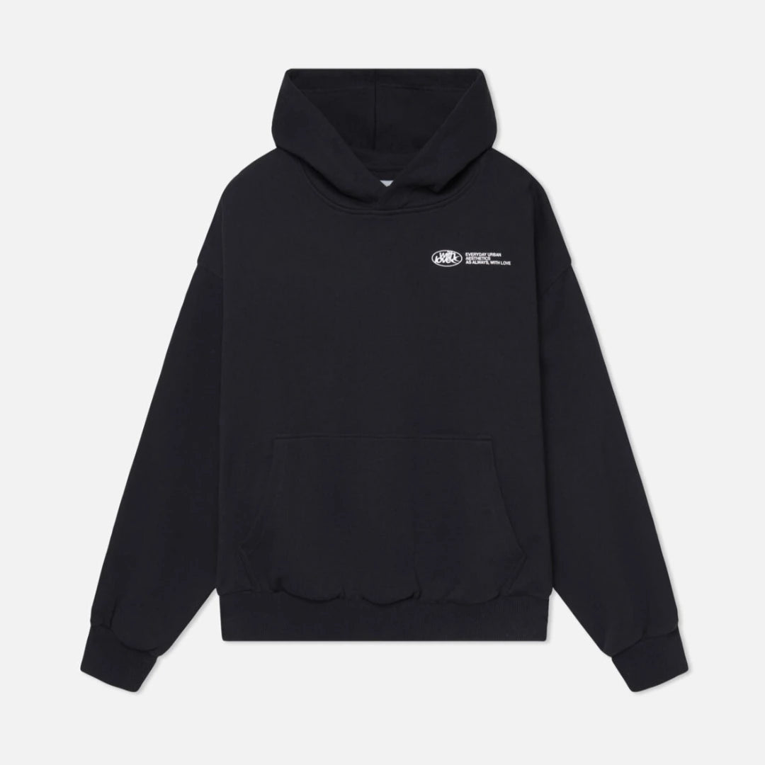 Driftly black oversized love print pullover hoodie, flat lay front