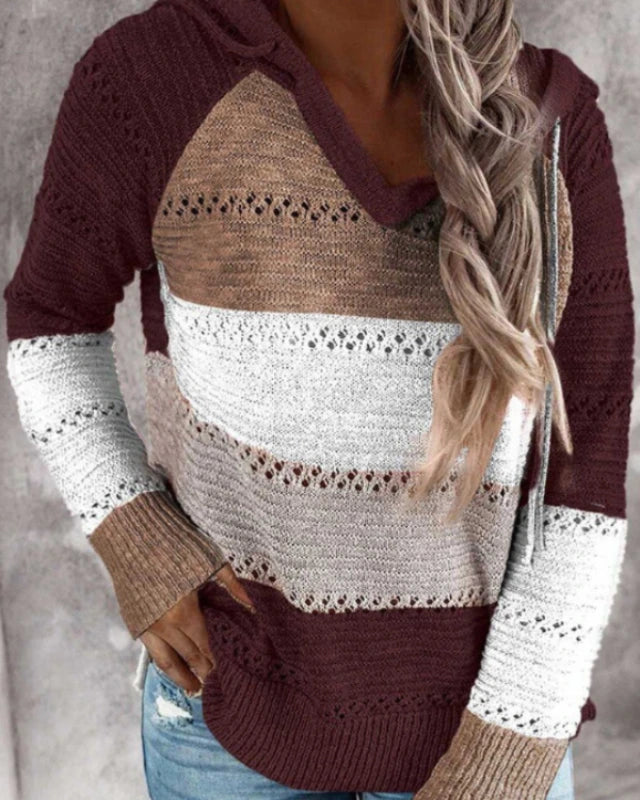 Burgundy striped colour-block knit hoodie on model