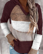 Burgundy striped colour-block knit hoodie on model
