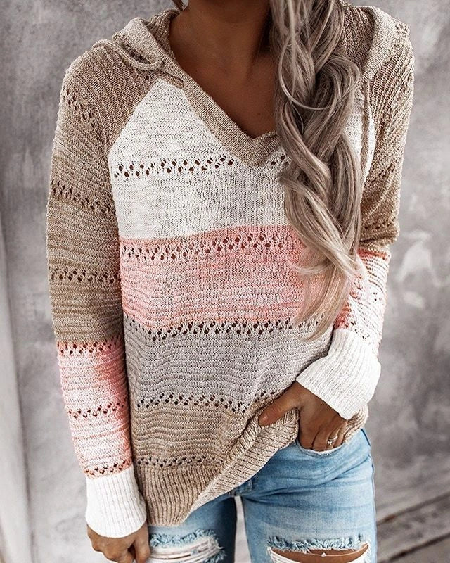 Dark pink striped colour-block knit hoodie on model