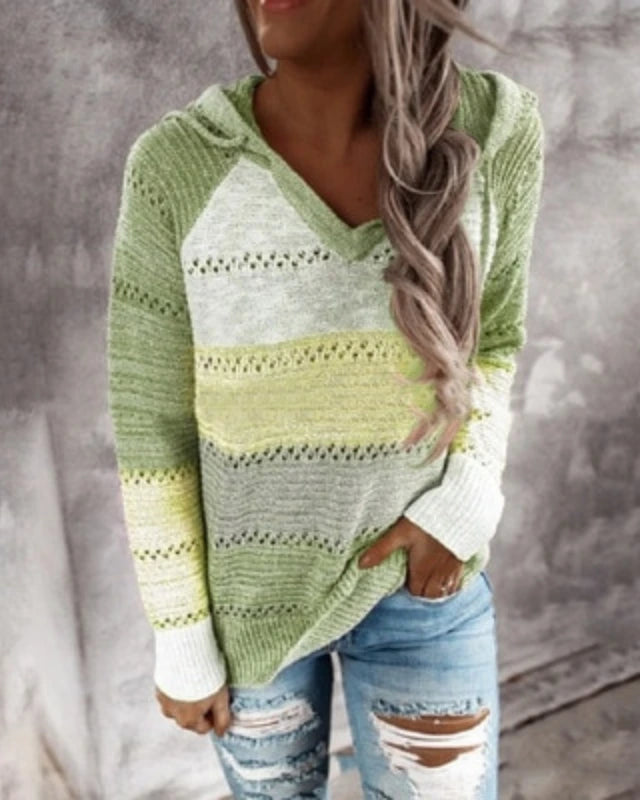 Green striped colour-block knit hoodie on model
