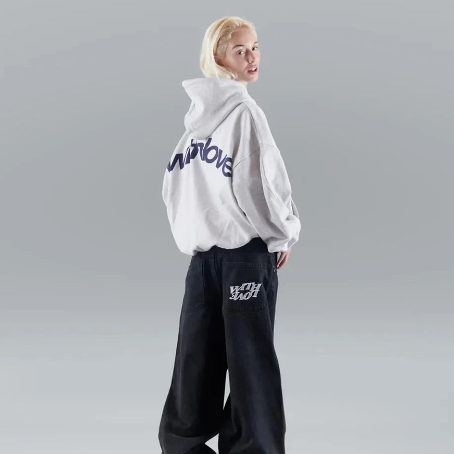 Driftly grey oversized love print pullover hoodie on model, back