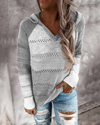 Grey striped colour-block knit hoodie on model