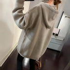 Khaki oversized knit hoodie, hood detail back view