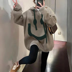 Khaki oversized knit hoodie with smiley print, back view