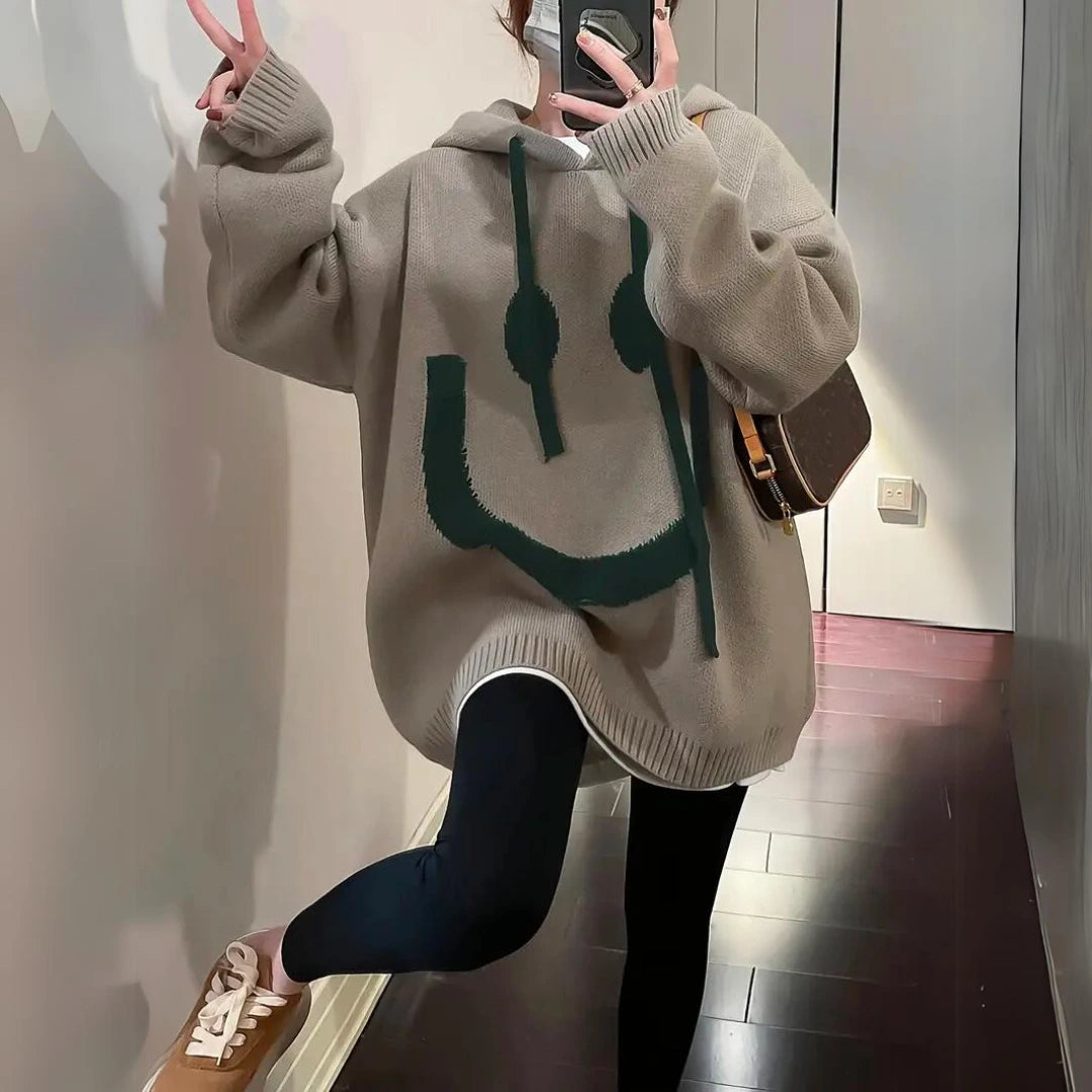 Khaki oversized knit hoodie with smiley print, back view