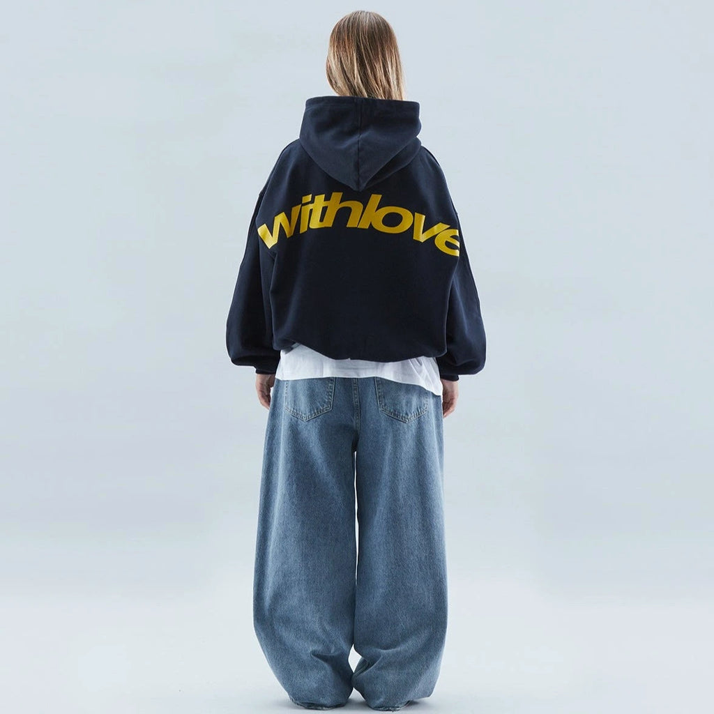 Driftly navy oversized love print pullover hoodie on model, back