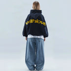 Driftly navy oversized love print pullover hoodie on model, back