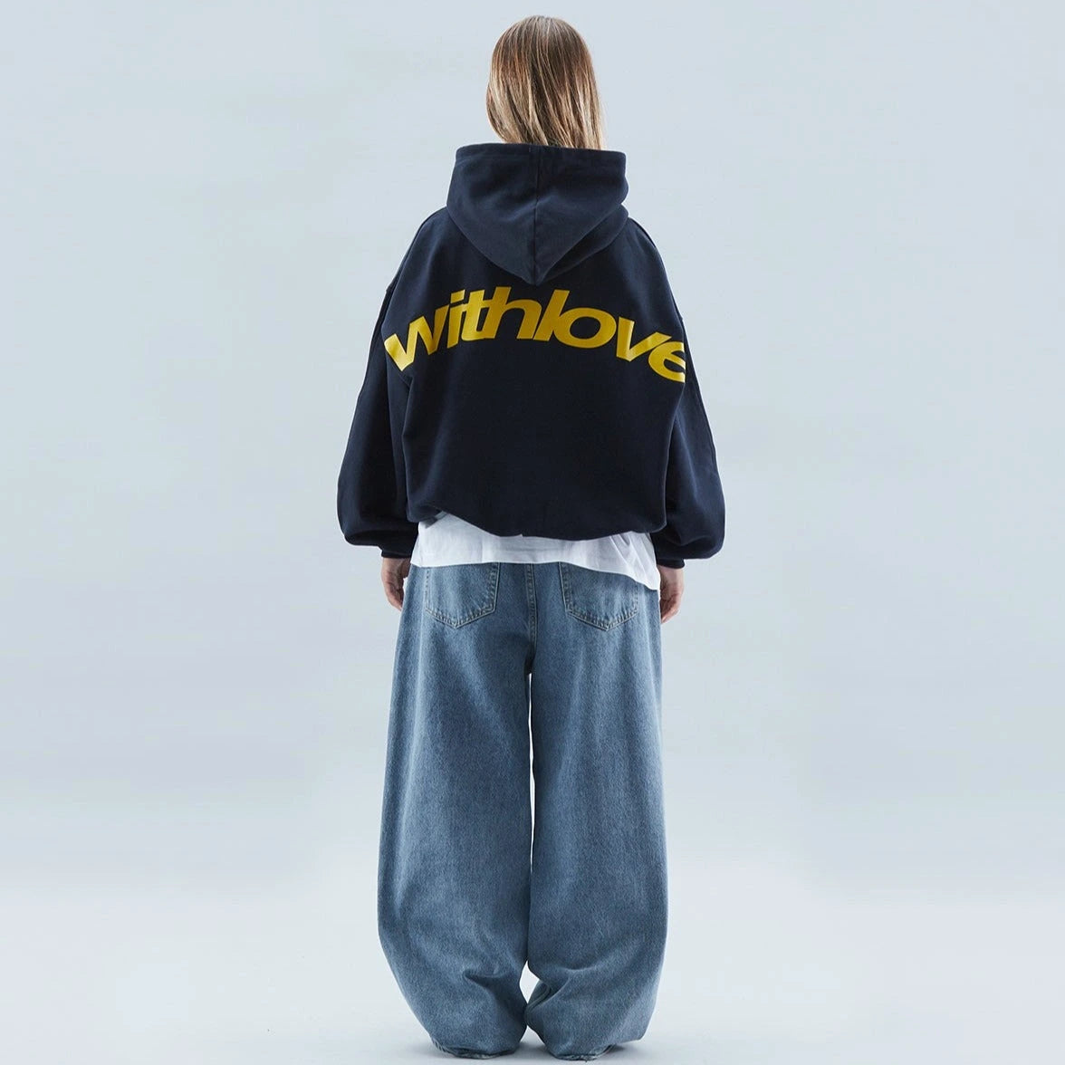 Driftly navy oversized love print pullover hoodie on model, back