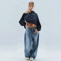 Driftly navy oversized love print pullover hoodie on model, front