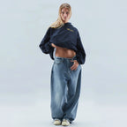 Driftly navy oversized love print pullover hoodie on model, front