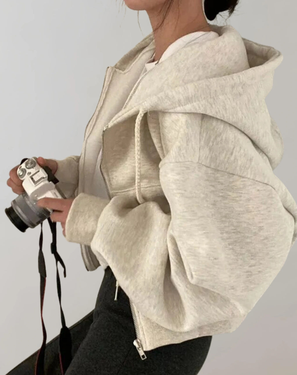 Driftly zip-up hoodie in beige, worn by model