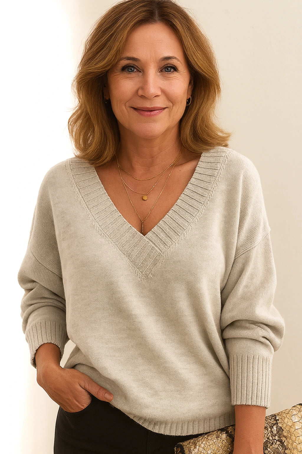 Woman wearing beige deep V-neck cashmere-feel knit jumper