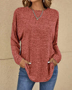 Driftly crew neck jumper in terracotta red, front view