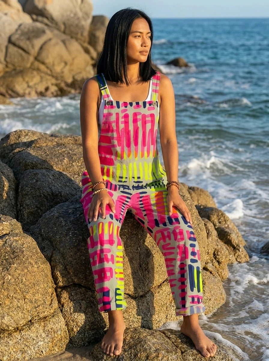 Woman in an abstract geometric print jumpsuit sitting on beach rocks