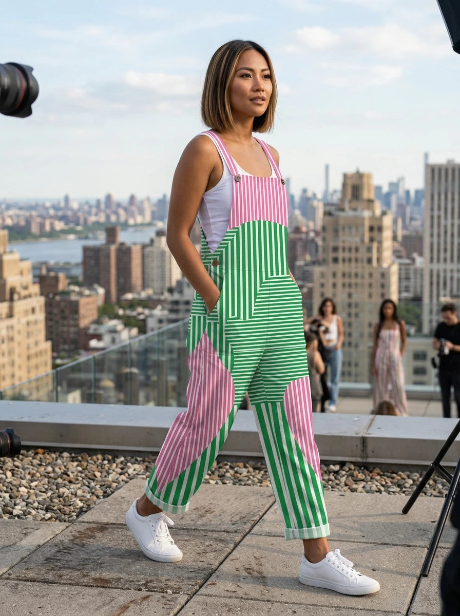 Woman wearing a pink and green abstract striped wide-leg overall jumpsuit standing on a city rooftop