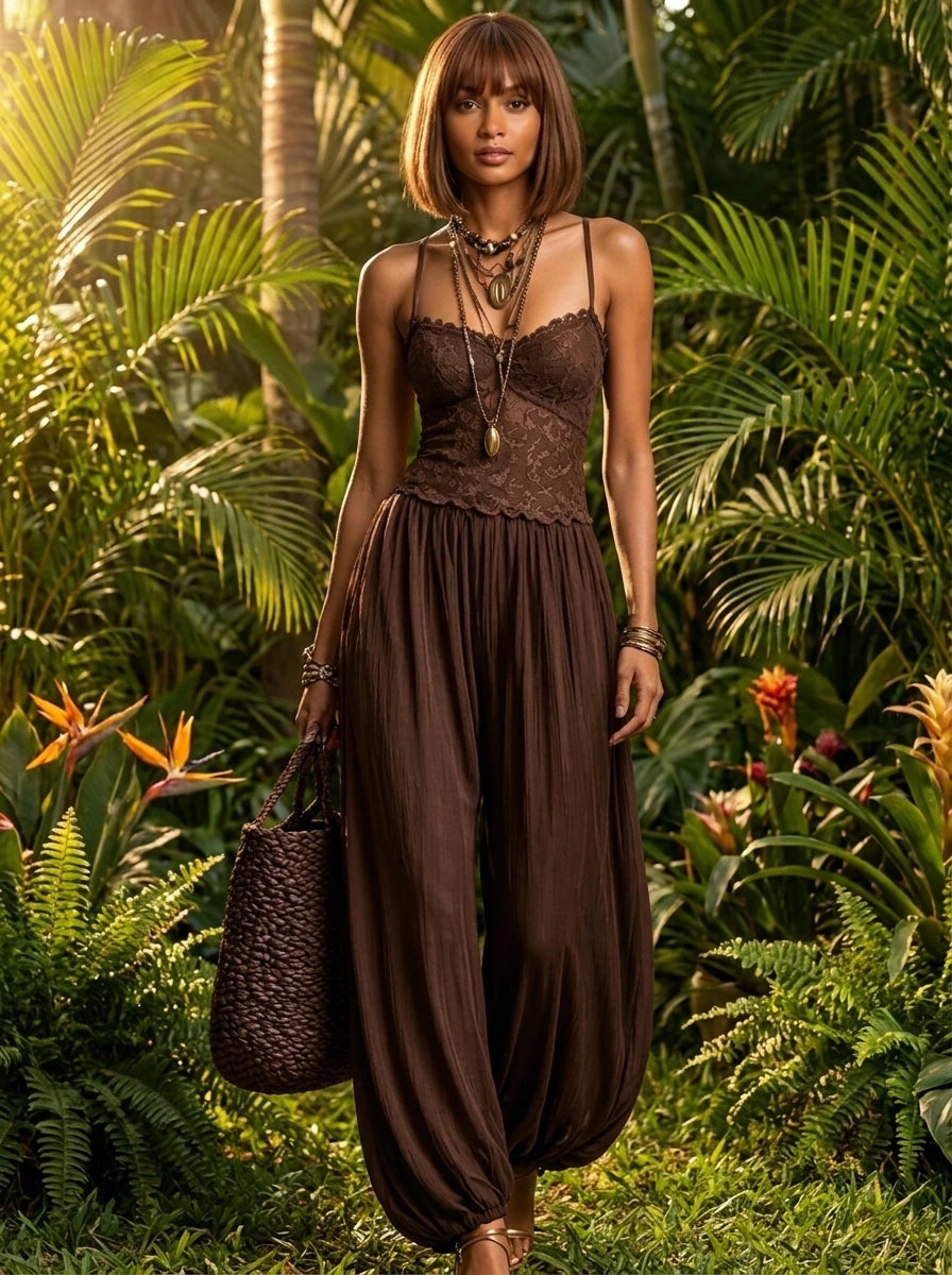Woman wearing a coffee brown boho lace cami jogger jumpsuit in a tropical garden