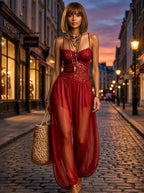 Woman wearing a red boho lace cami jogger jumpsuit on a city street at dusk