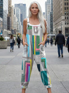 Woman wearing a grey multicolor geometric color-block wide-leg overall jumpsuit standing on an urban street