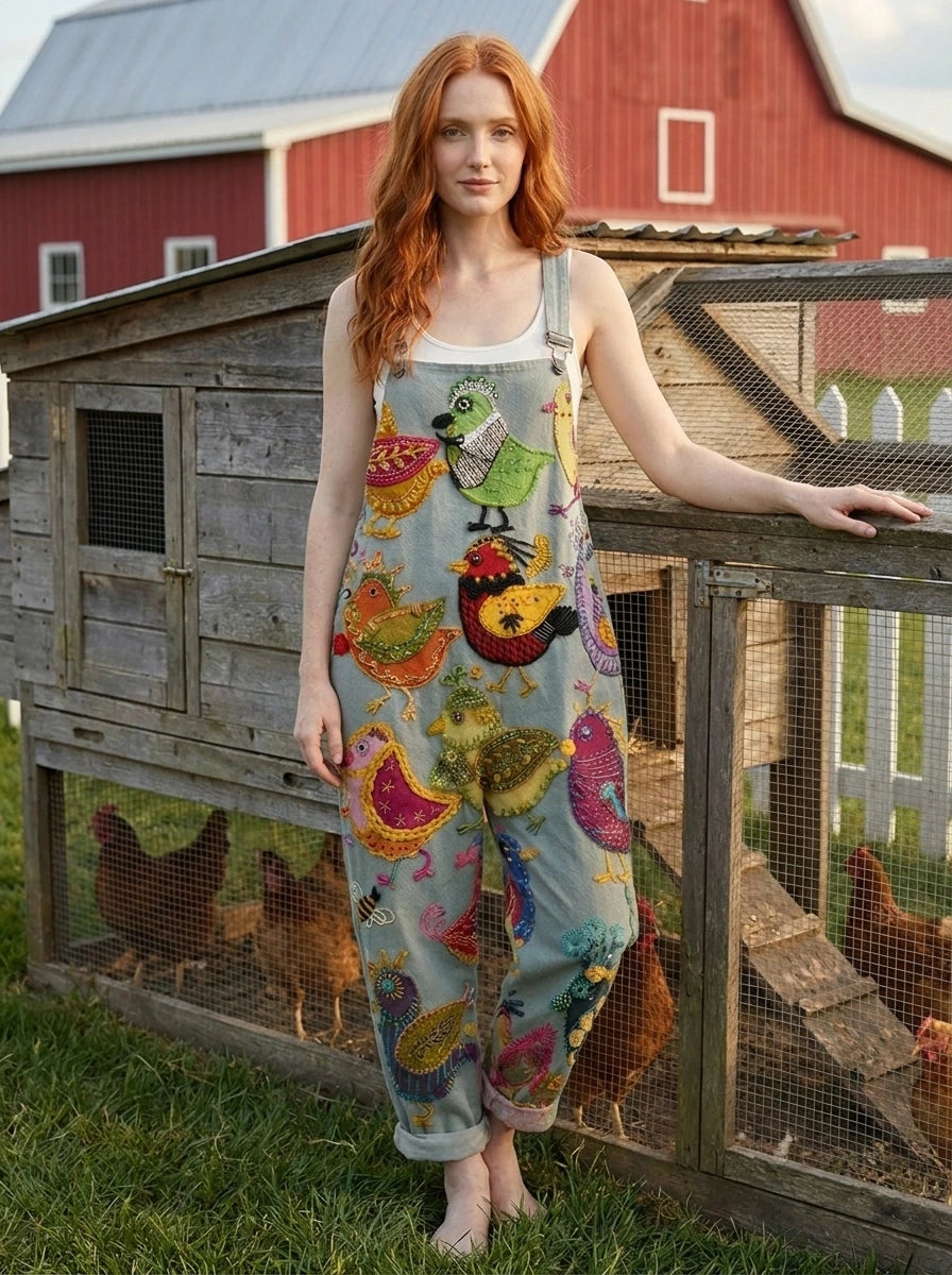 Woman in a colorful bird print jumpsuit near a wooden chicken coop