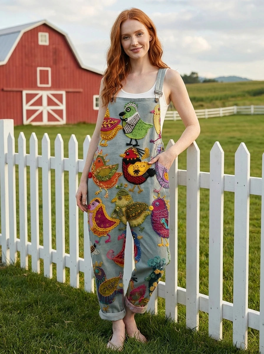 Woman wearing a light blue-grey jumpsuit with a colorful vintage bird print on a farm