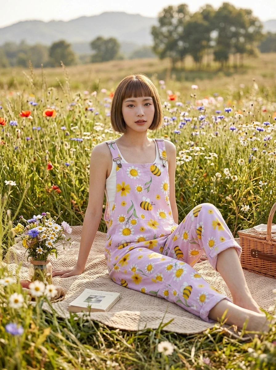 Woman in a lavender daisy and bee print jumpsuit sitting on a picnic blanket in a meadow