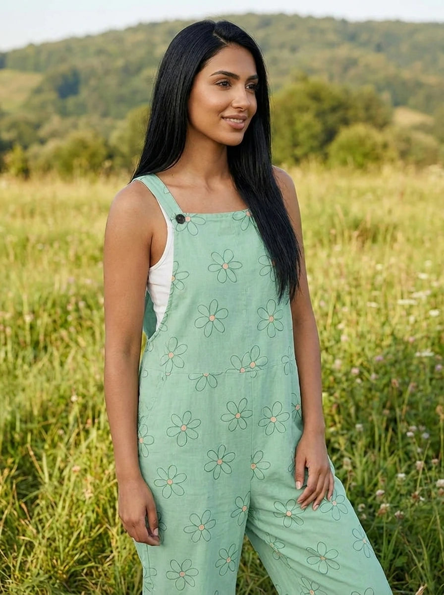 Woman wearing a mint-green daisy print sleeveless wide-leg overall jumpsuit standing in a green meadow