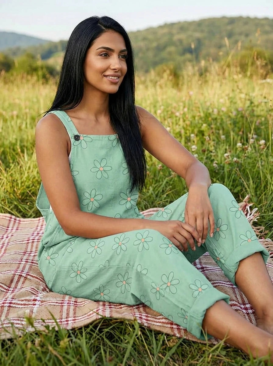 Woman wearing a mint-green daisy print sleeveless wide-leg overall jumpsuit sitting on a picnic blanket