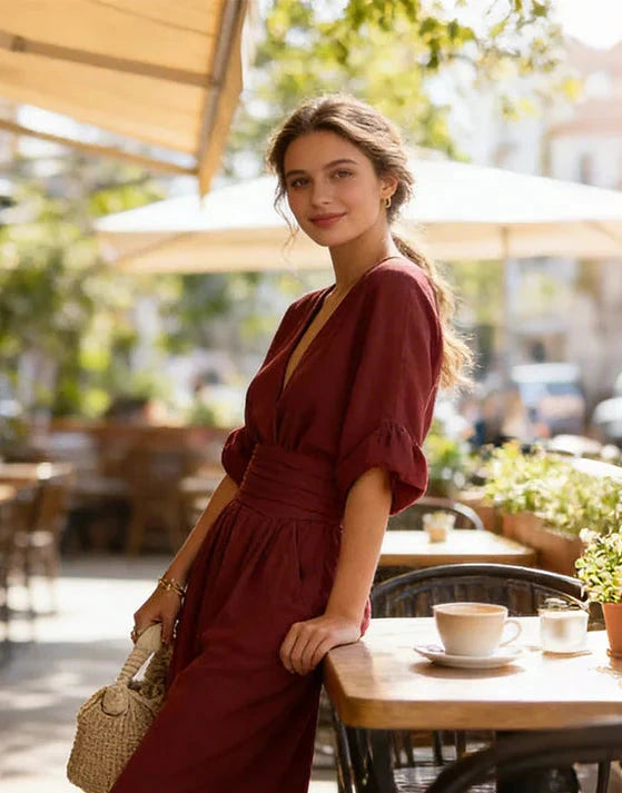 Woman wearing a burgundy elegant wide-leg jumpsuit - lifestyle photo