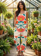Woman in a cream floral bloom print jumpsuit standing inside a sunlit greenhouse