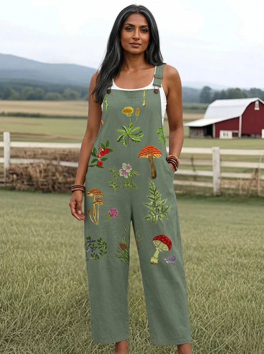 Woman wearing a nature-inspired embroidery jumpsuit in a farm setting
