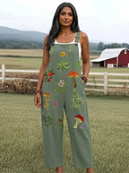 Woman wearing a nature-inspired embroidery jumpsuit in a farm setting