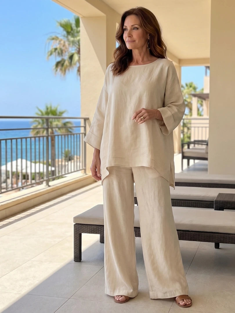 Woman wearing a beige oversized tunic wide-leg set - lifestyle photo