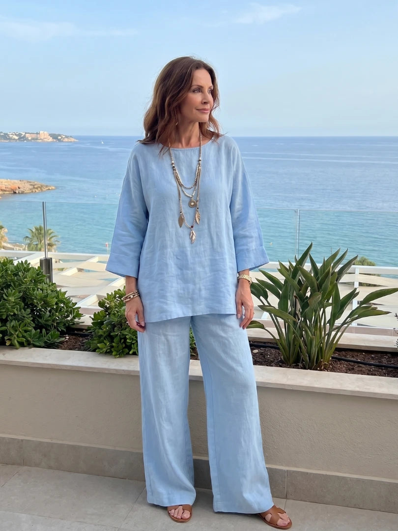 Woman wearing a blue oversized tunic wide-leg set - lifestyle photo