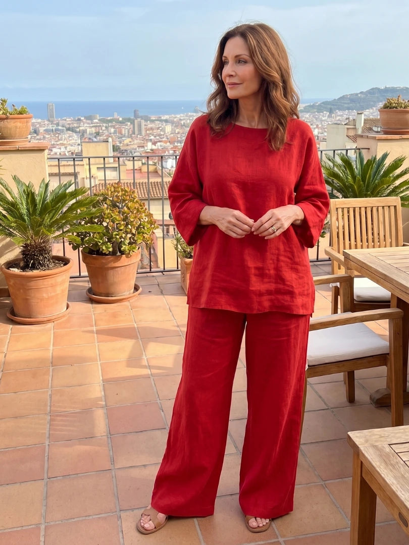 Woman wearing a red oversized tunic wide-leg set - lifestyle photo