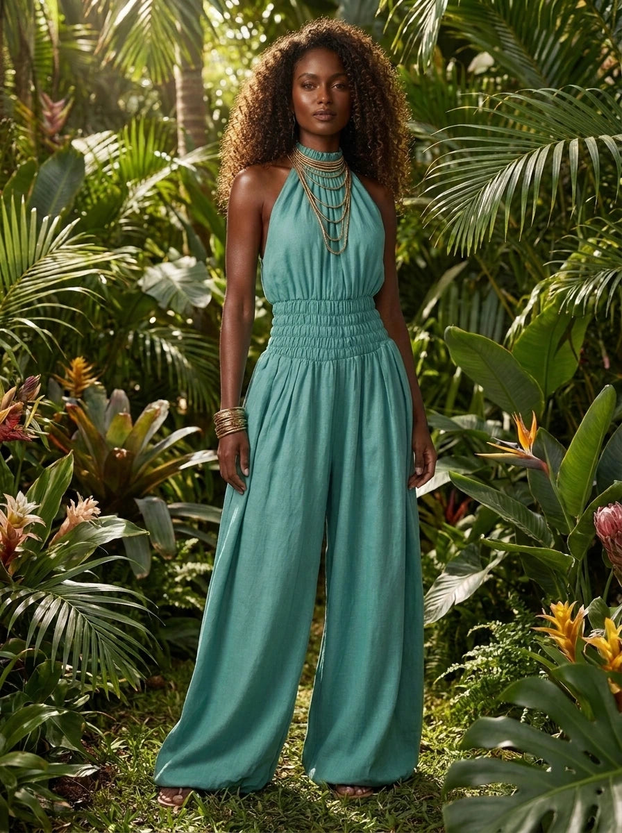 Woman wearing a green smocked-waist wide-leg palazzo jumpsuit in a lush tropical garden