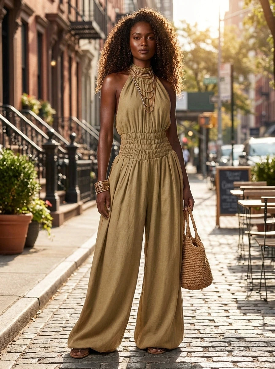 Woman wearing a khaki smocked-waist wide-leg palazzo jumpsuit on a sunny city street