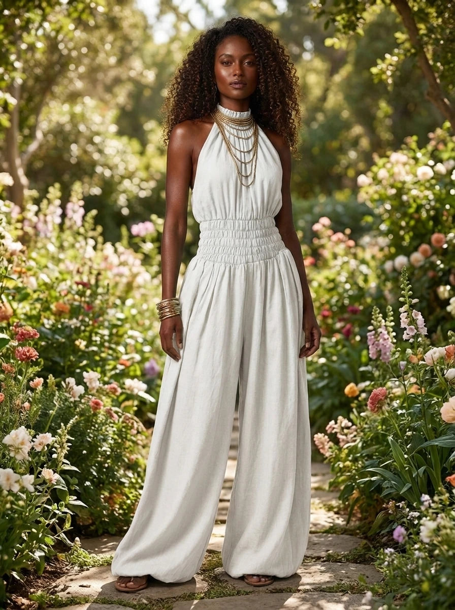 Woman wearing a white smocked-waist wide-leg palazzo jumpsuit in a lush garden