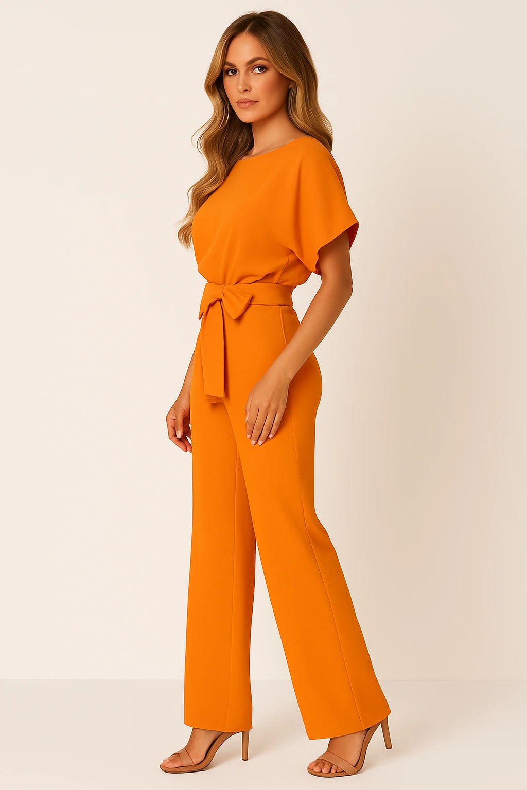 Woman wearing a mustard ponte knit batwing jumpsuit - studio photo