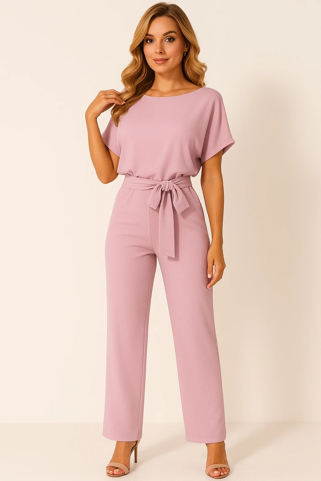 Woman wearing a pink ponte knit batwing jumpsuit - studio photo