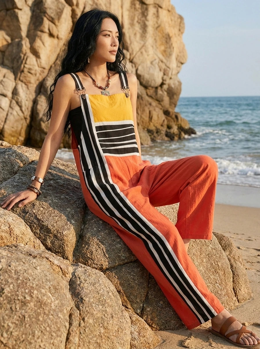 Woman standing on beach rocks wearing a striped color-block jumpsuit