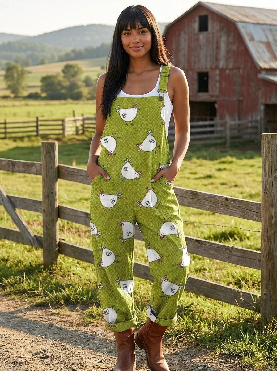 Woman wearing a green chick-print short-sleeve jumpsuit on a rural farm