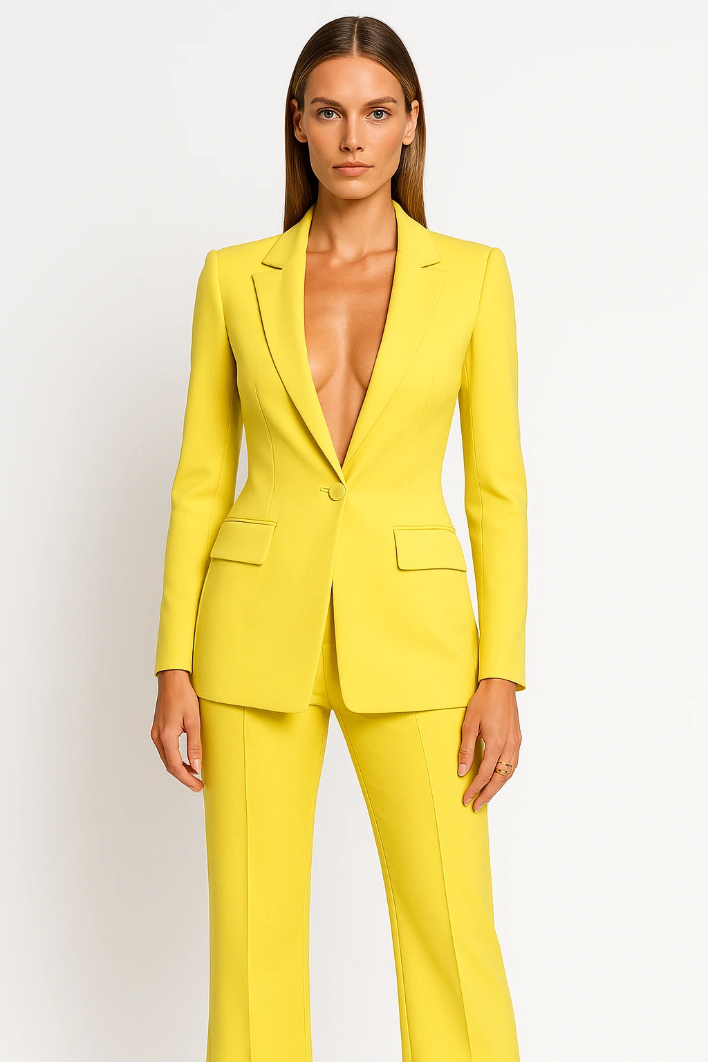 Woman wearing a yellow stretch crepe two-piece jumpsuit - studio photo