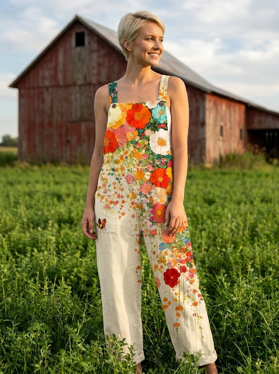 Woman wearing a wildflower print jumpsuit in a farm setting
