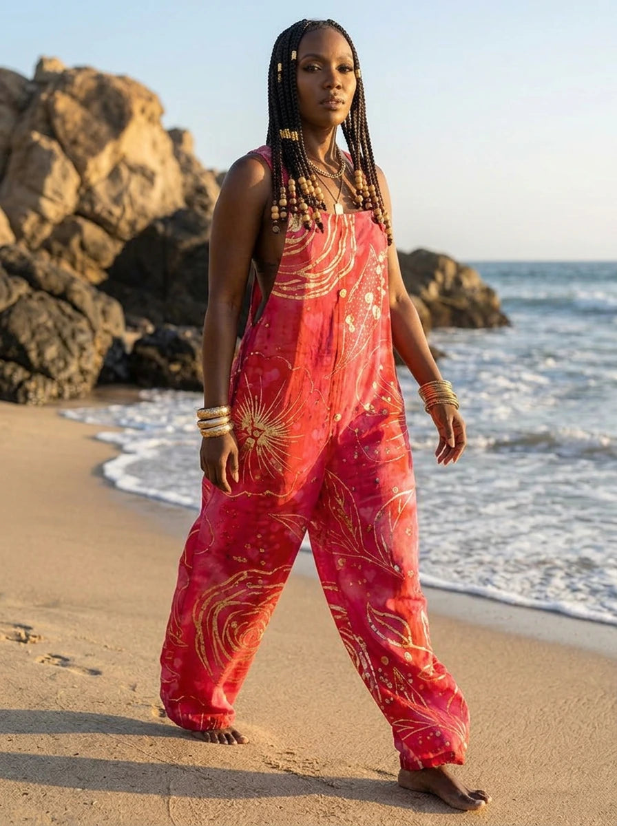 Woman walking on a beach wearing a wildflower print wide-leg jumpsuit