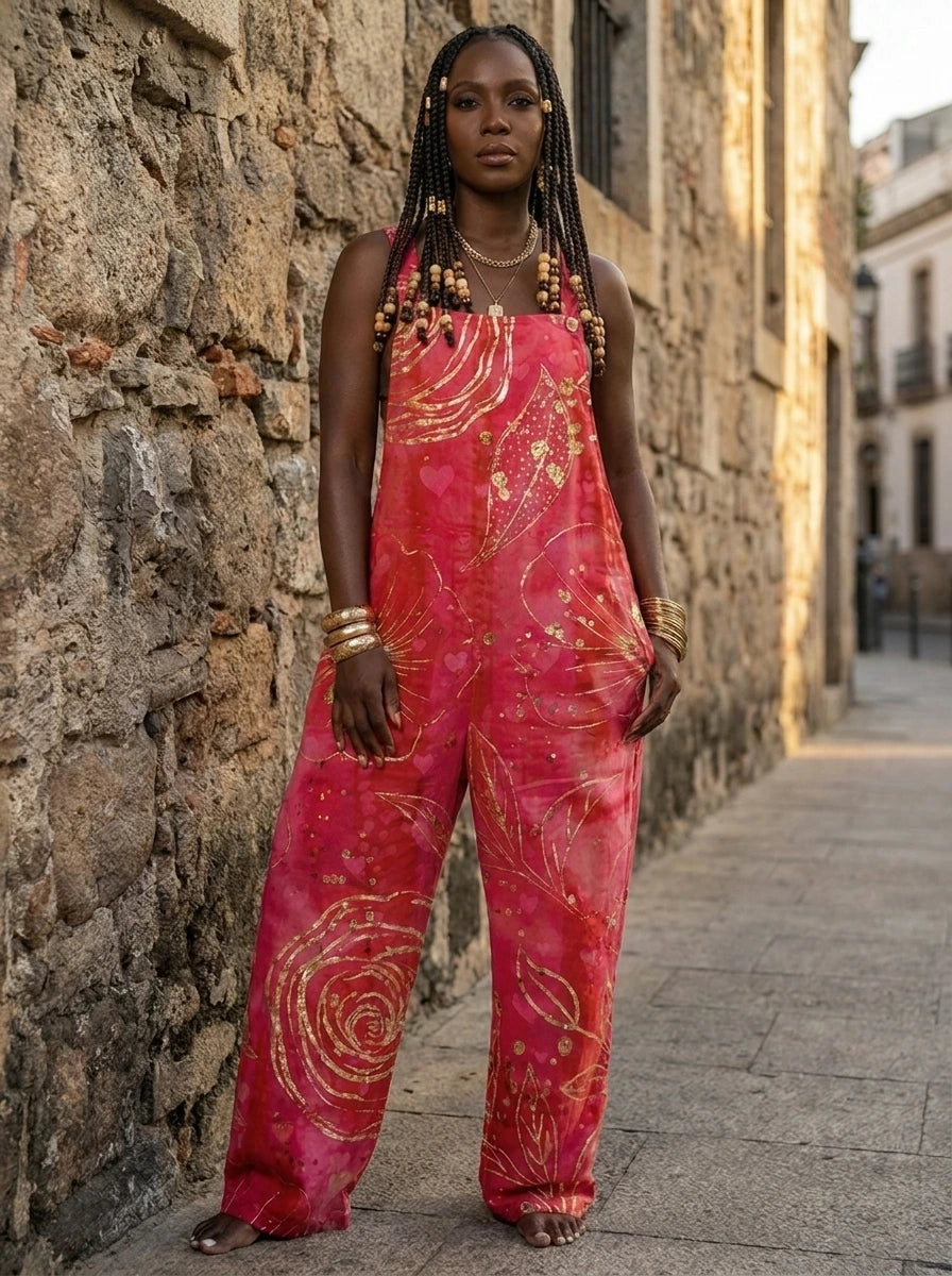 Woman standing against a stone wall wearing a wildflower print wide-leg jumpsuit