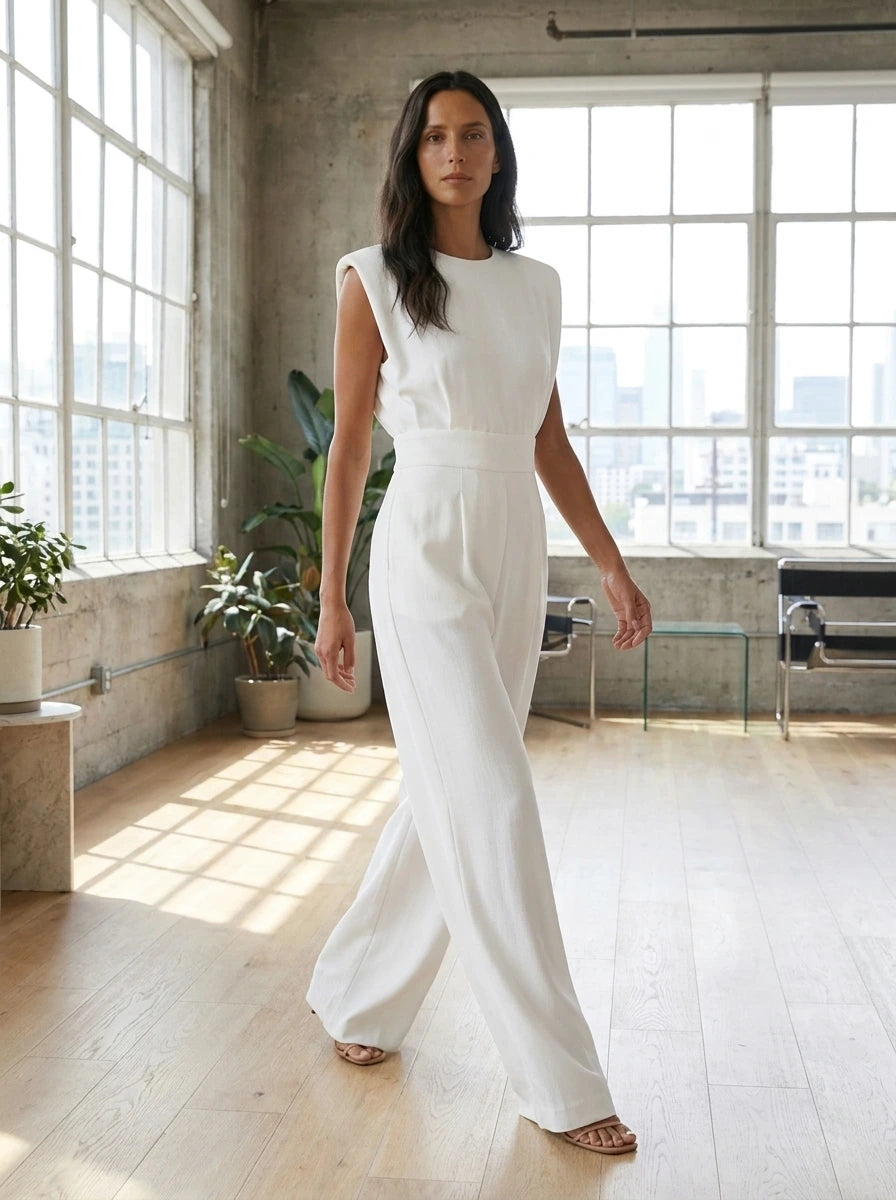 Woman wearing a white sculptural straight-leg jumpsuit indoors in a bright loft interior